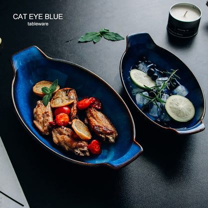 Cat Eye Blue Collection Kiln Blue Boat Shaped Serving Platter - 2 Sizes