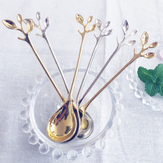 Tree Leaf Stainless Steel Gold Coffee or Dessert Spoons (1, 4 or 5 pcs.)