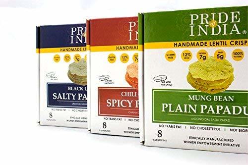 Pride Of India - Assorted Papadum Lentil Crisps - Plain, Salty & Spicy - Pack of 6 (2 Boxes per Flavor) 6 * 100gm oz